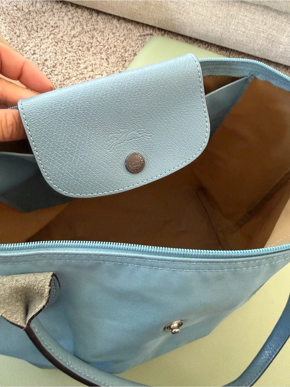 Longchamp Light Blue Nylon Tote with Leather Trim